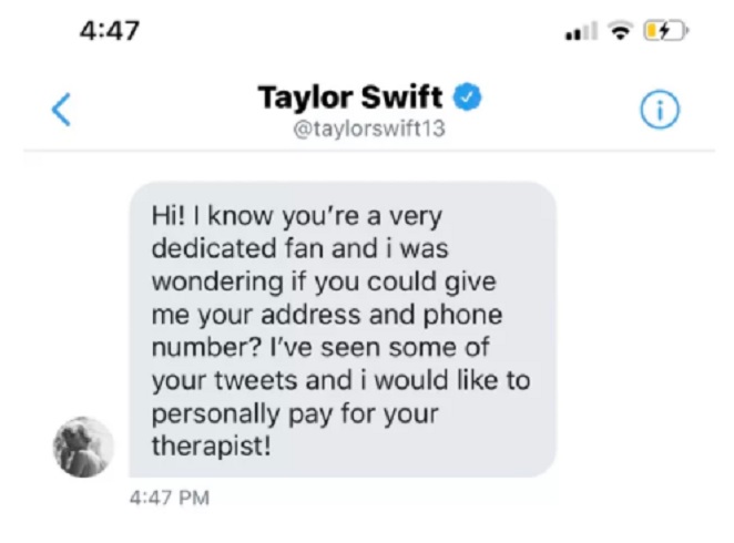 Taylor Swift se oferece para pagar terapia de fã