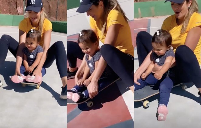 Ticiane Pinheiro anda de skate com a filha, Manuella
