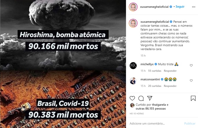 Xuxa Meneghel lamenta número de mortos por Covid-19 no Brasil