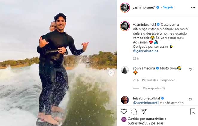 Yasmin Brunet e Gabriel Medina surfam juntos