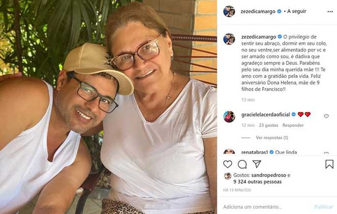 Zezé Di Camargo homenageia a mãe em dia de aniversário