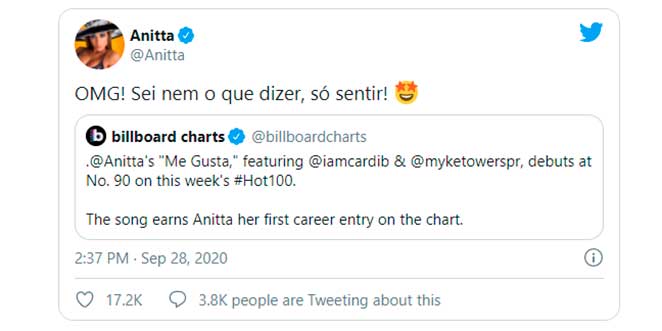 Anitta comemorou no Twitter a entrada de Me Gusta na Billboard Hot 100
