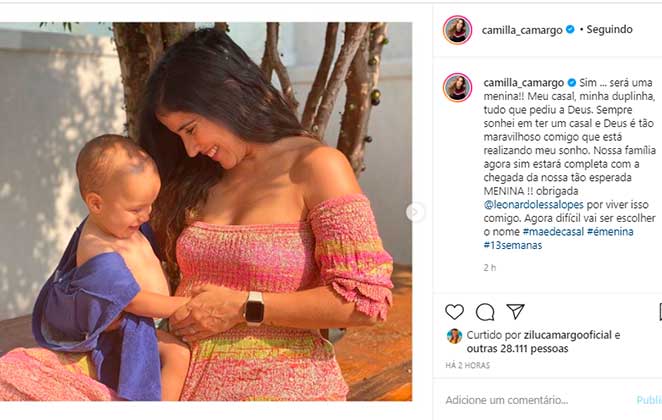 Camila Camargo anunciou que seu segundo filho será uma menina