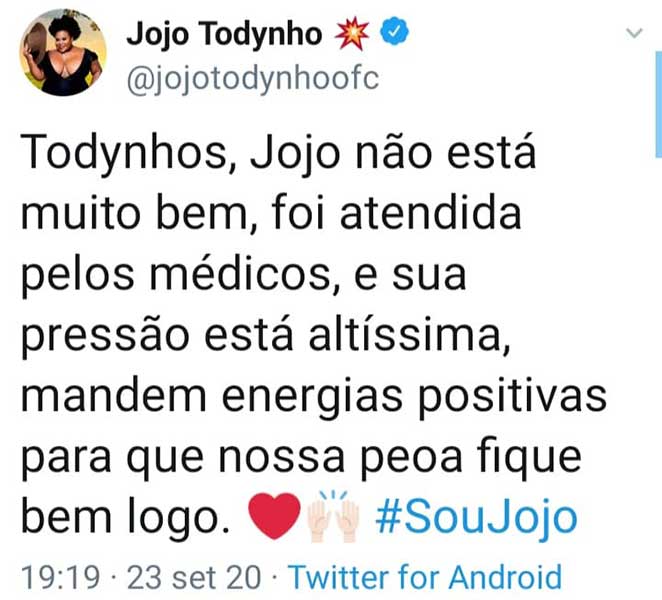 Fãs pedem energias positivas pela saúde de Jojo Todynho