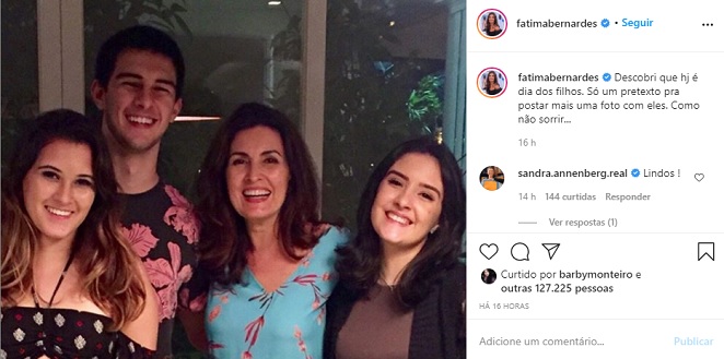 Fátima Bernardes posa com os filhos nas redes sociais