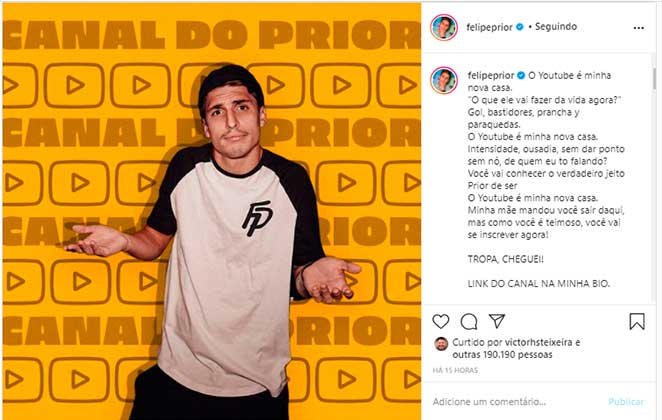 Felipe Prior anunciou no Instagram o lançamento de seu próprio canal no Youtube