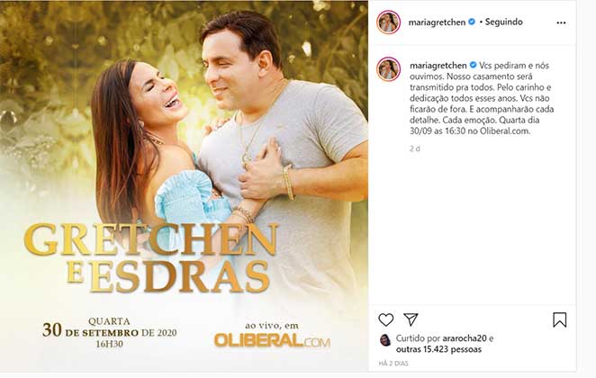 Gretchen anuncia que sue casamento será transmitido ao vivo
