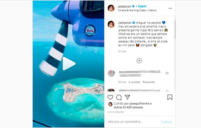 Jade Picon postou vídeo no Instaram Reels para mostrar que chegou nas Ilhas Maldivas