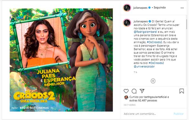 Juliana Paes contou aos fãs no Instagram que estará na dublagem de Os Croods 2 com Rodrigo Lombardi