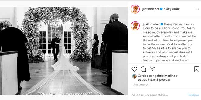 Justin Bieber comemorou um ano do casamento com Hailey Bieber