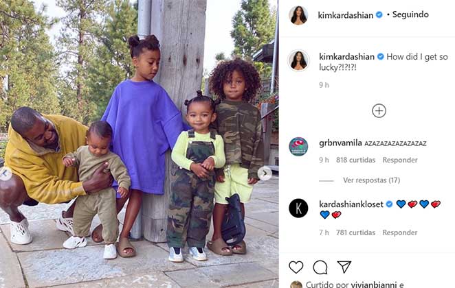 Kanye West com os filhos em postagem de Kim Kardashian
