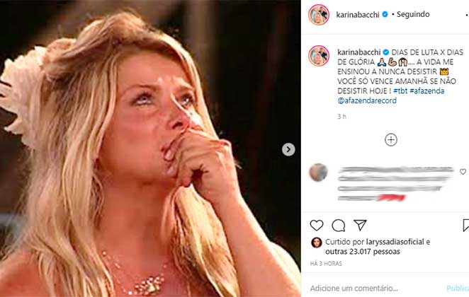 Karina Bacchi relembrou no Instagram o dia que foi a grande vencedora de A Fazenda 2