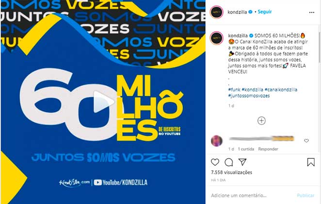 Kondzilla comemorou no Instagram conquista da marca de 60 milhões de inscritos no Youtube