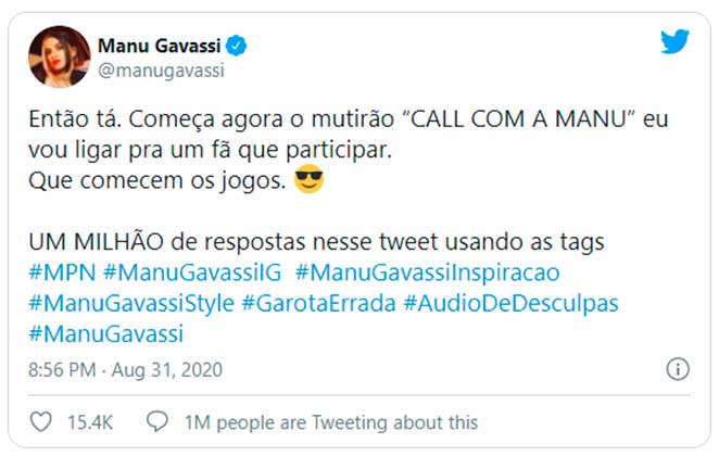 Manu Gavassi realizou ação no Twitter com promessa de ligar para alguns fãs caso comentassem um milhão de vezes