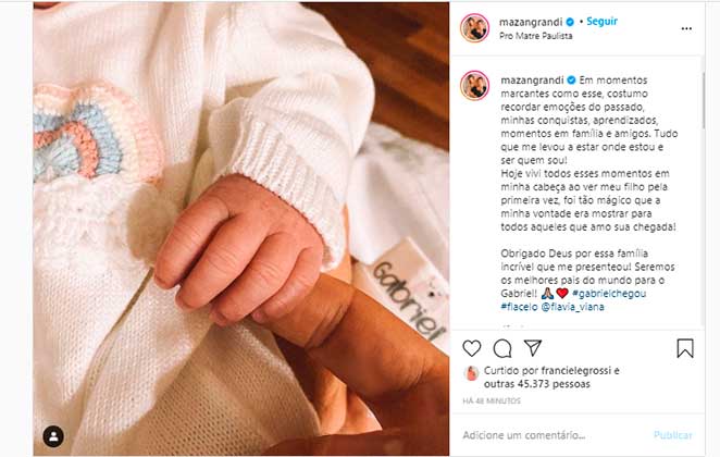 Marcelo Zangrandi, marido de Flávia Viana, mostrou o bracinho de Gabriel no Instagram
