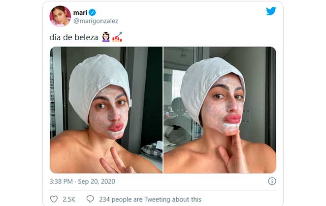 Mari Gonzalez mostrou máscara facial de dia de beleza no Twitter