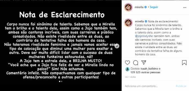 Publicação do perfil de MC Mirella no Instagram