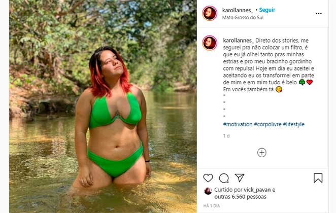 Karol Lannes, atriz de Agatha em Avenida Brasil, publicou uma foto de biquíni no Instagram e falou de aceitar o próprio corpo