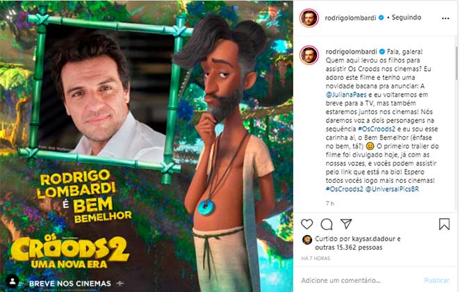 Rodrigo Lombardi contou aos fãs no Instagram que estará na dublagem de Os Croods 2 com Juliana Paes