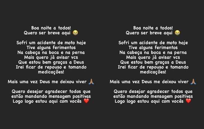 MC Brinquedo desabafou sobre o acidente nos stories de sue perfil no Instagram