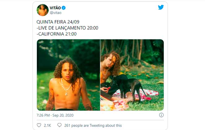 Vitão anunciou lançamento de single e live Califórnia no Twitter