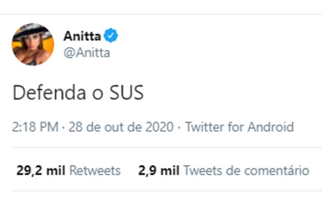 Anitta ganhou curtida de Lula apó fazer post defendendo o SUS