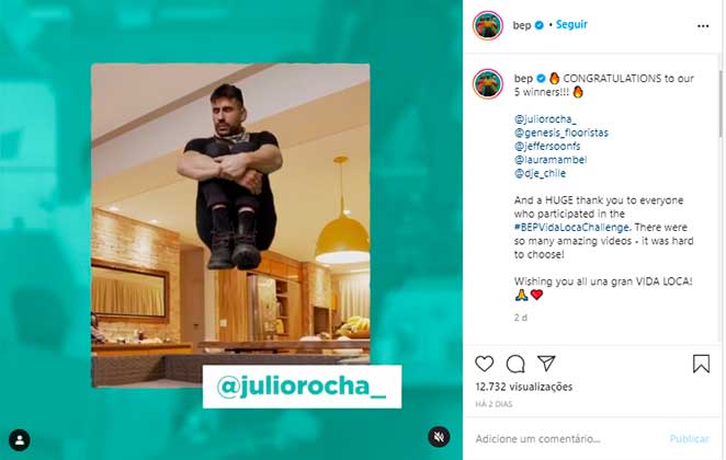 Julio Rocha esteve entre os cinco vencedores de challenge do Black Eyed Peas no Instagram