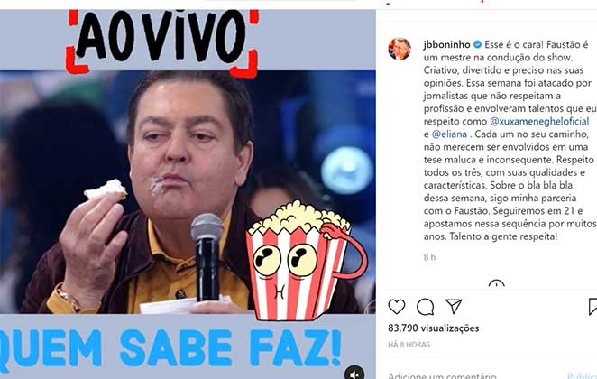Postagem de Boninho falando sobre Fausto Silva