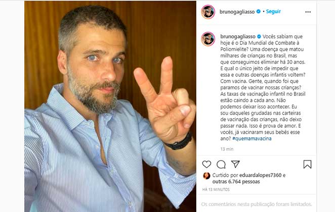 Bruno Gagliasso ressaltou a importância da vacina no Instagram