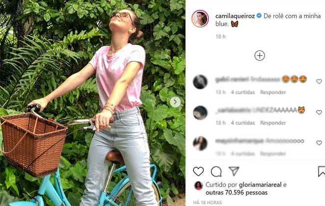 Camila Queiroz passeia de bike e justifica foto sem máscara