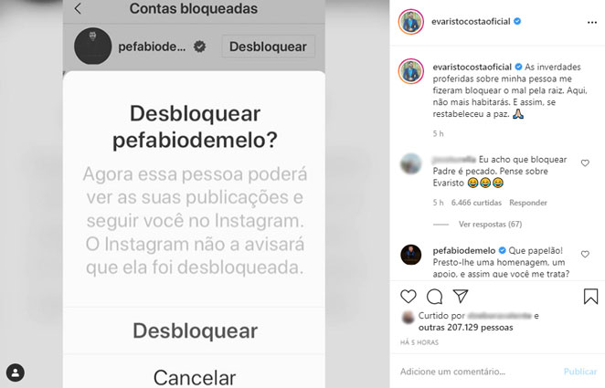 Evaristo Costa bloqueia padre Fábio de Melo em seu Instagram