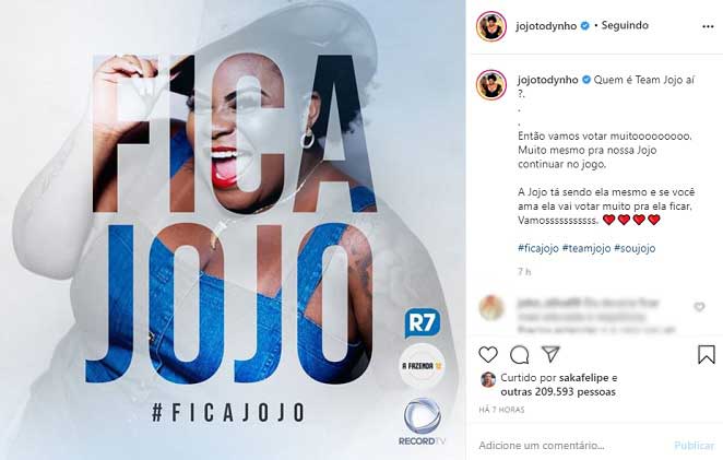 Perfil de Jojo Todynho faz campanha para ela ficar em A Fazenda