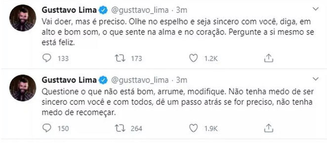 Gusttavo Lima faz tweets sobre o término do casamento
