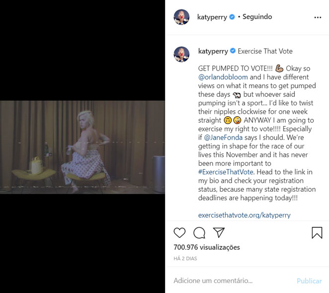 Katy Perry aparece usando bomba de leite em vídeo para incentivar o voto nos Estados Unidos