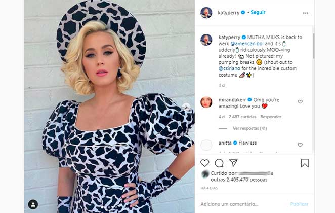 Katy Perry recebeu elogios de Miranda Kerr em nova publicação no Instagram