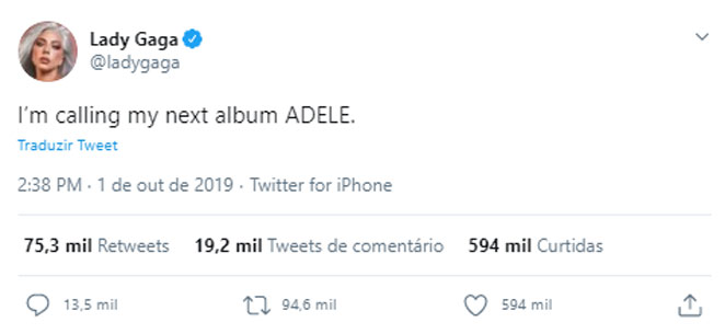 Lady Gaga faz tweet misterioso usando o nome de Adele