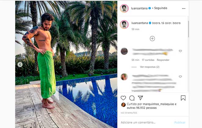 Luan Santana elevou temperatura da web ao posar de toalha perto da piscina