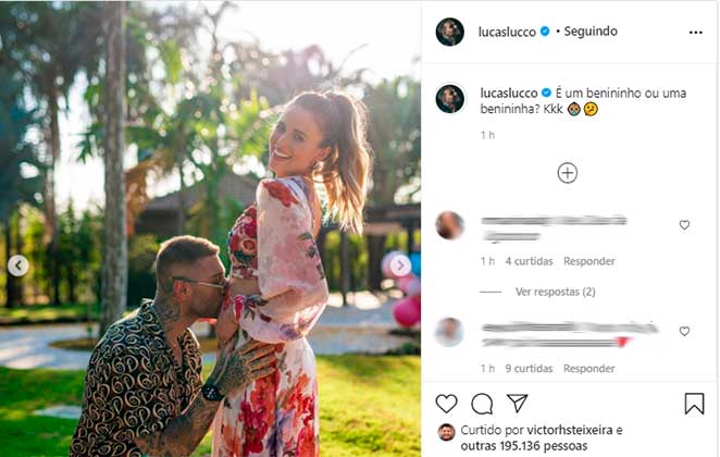 Lucas Lucco beijou barriga grávida de Lorena Carvalho em chá revelação
