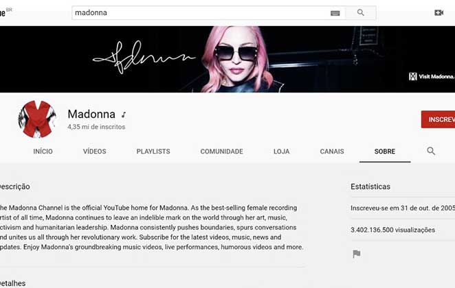 Canal no Youtube de Madonna