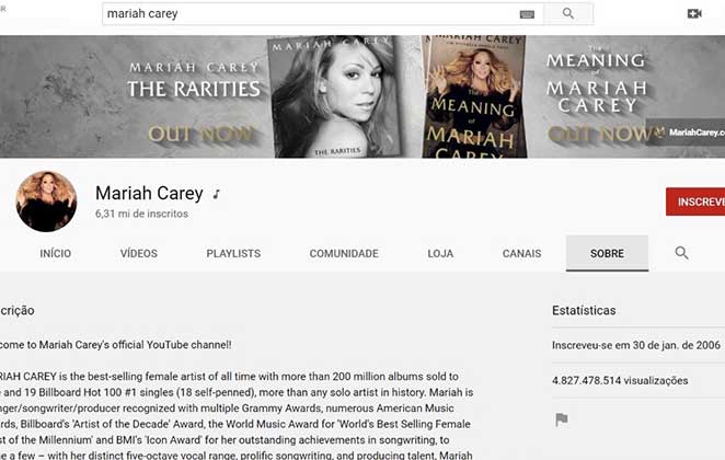 Canal no Youtube de Mariah Carey