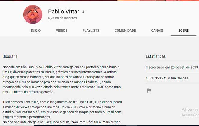 Perfil de Pabllo Vittar no Youtube