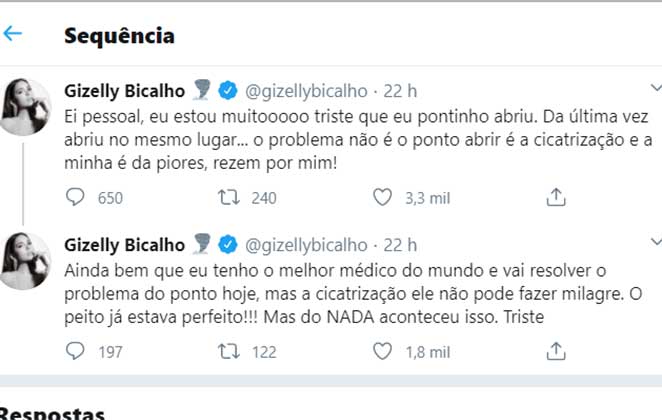 Gizelly Bicalho revela que ponto abriu, após cirurgia