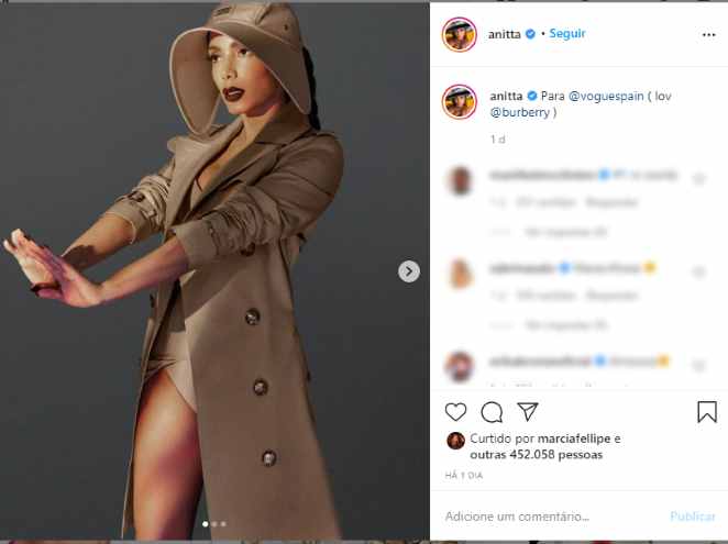Publicação de Anitta nas redes sociais