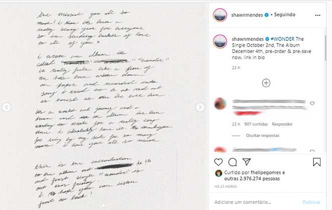 Shawn Mendes postou foto de uma carta escrita a mão por ele