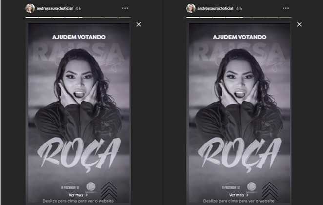 Andressa Urach apoiou Raissa Barbosa nos stories do Instagram e pediu votos a ela na roça