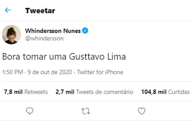 Whindersson Nunes convida Gusttavo Lima para 'tomar uma' após separação do cantor