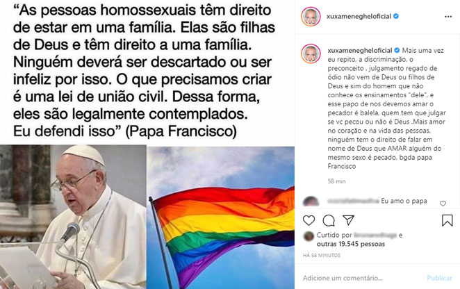 Xuxa Meneghel compartilha com os seguidores a fala de Papa Francisco