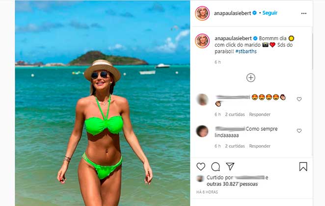 Ana Paula Siebert posou com biquíni verde neon saindo do mar