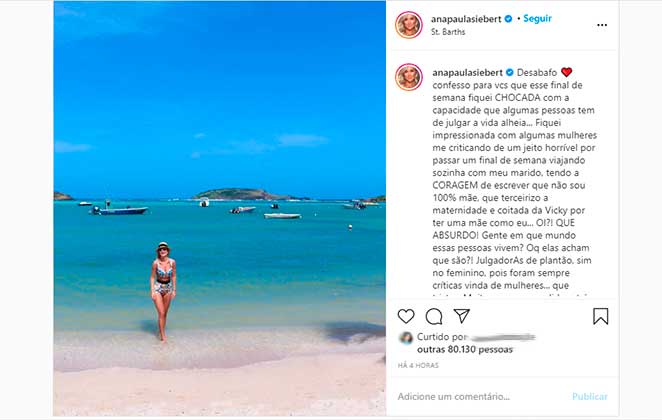 Ana Paula Siebert rebateu críticas sobre viajar em Vicky ao Caribe