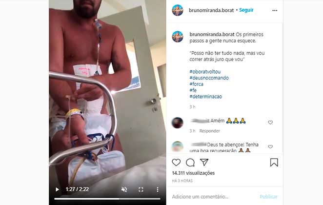 Bruno Miranda, o Borat de Amor e Sexo, andando no hospital após sair do CTI